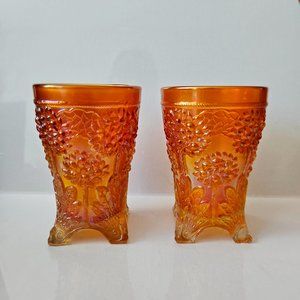 Fenton orange tree marigold carnival glass footed water goblets antique
